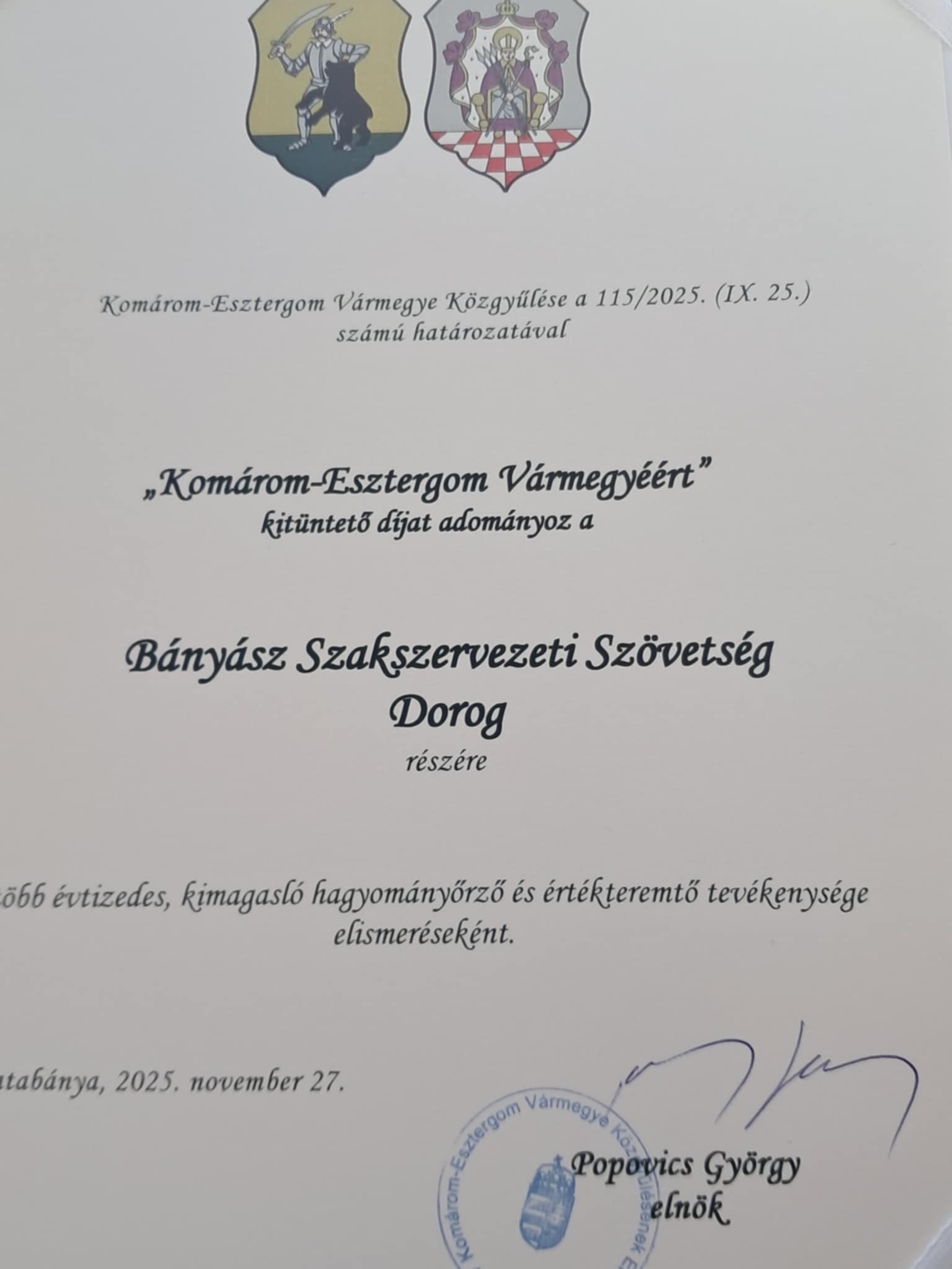 Dorogi Bányász Szakszervezet kitüntetés